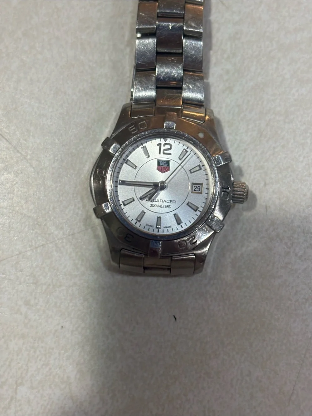 Tag Heuer Silver Dial Aquaracer Watch with Red Logo